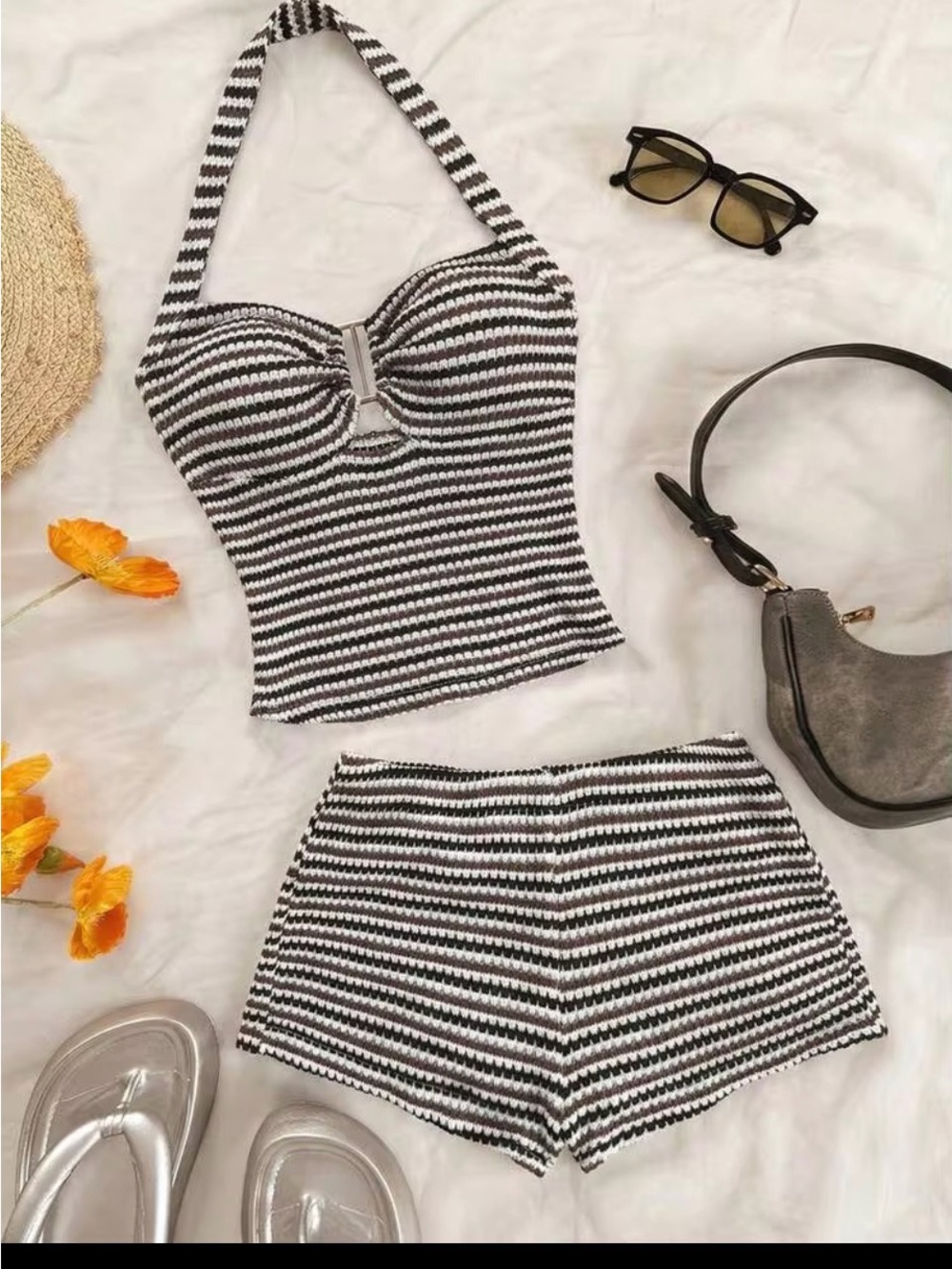 SHEIN Black & White Striped Knit Halter Crop Top and Shorts Set